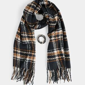Woven Scarf & Bracelet Gift Set - Black Plaid Winter Accessory